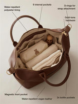 Inside the Wyld Bub Everyday Diaper Bag: 9 internal pockets, water-repellent lining, magnetic front pocket, 2 bottle pockets, gold-tone hardware and D-rings