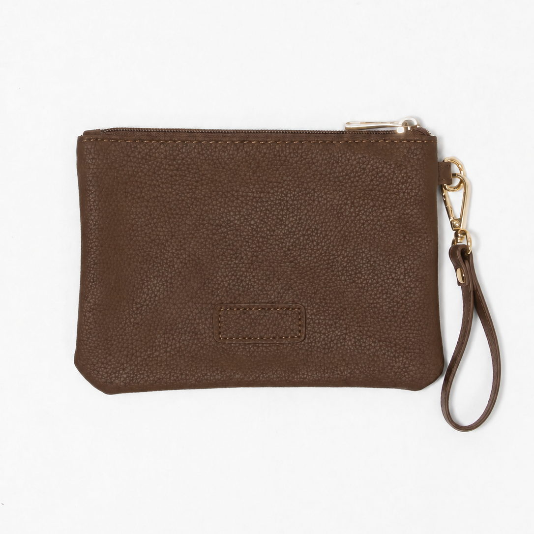 Brown vegan leather Everyday Wet Bag with blank stitched patch and short wrist strap