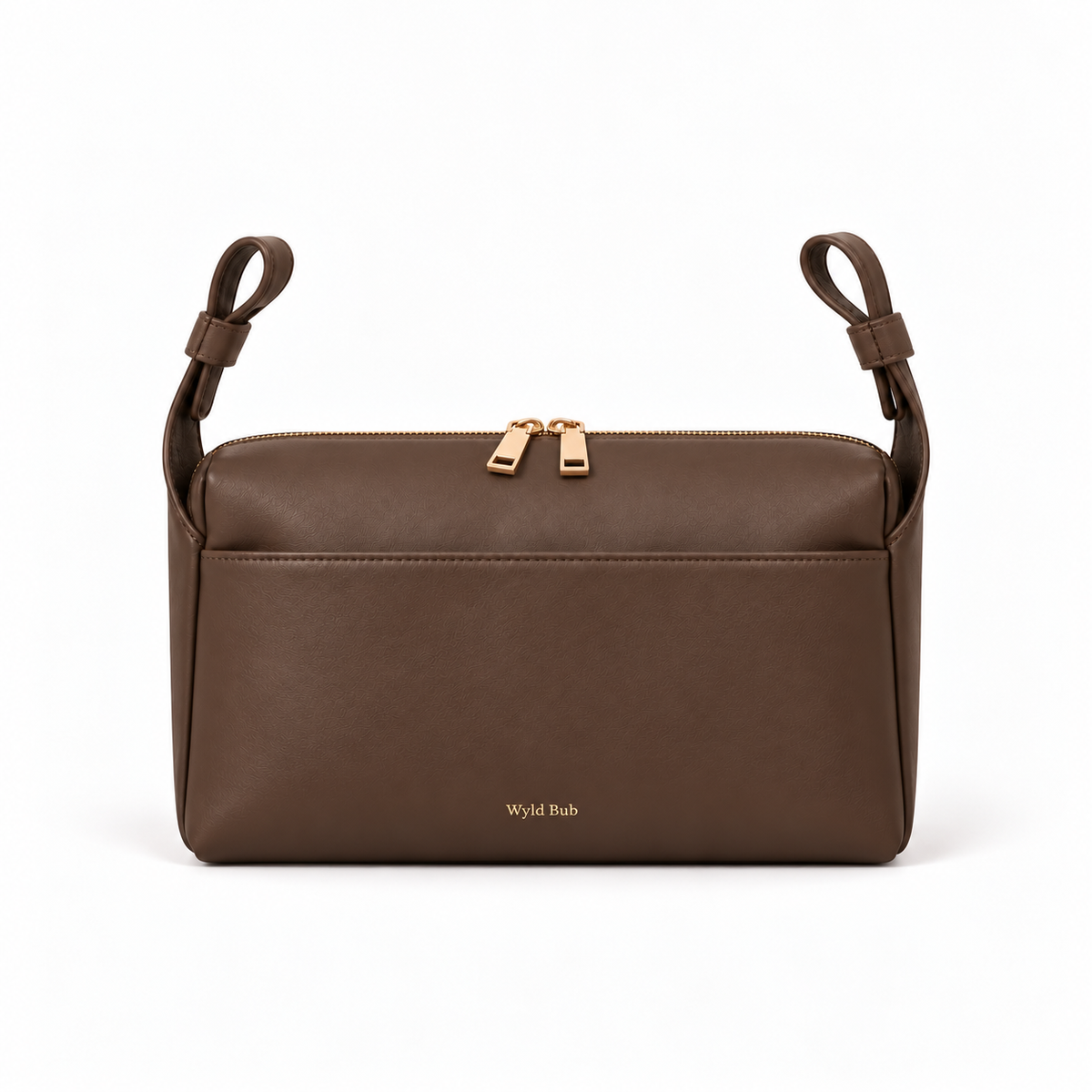 The Everyday Stroller Bag in chocolate brown vegan leather, front view with upright stroller straps on white