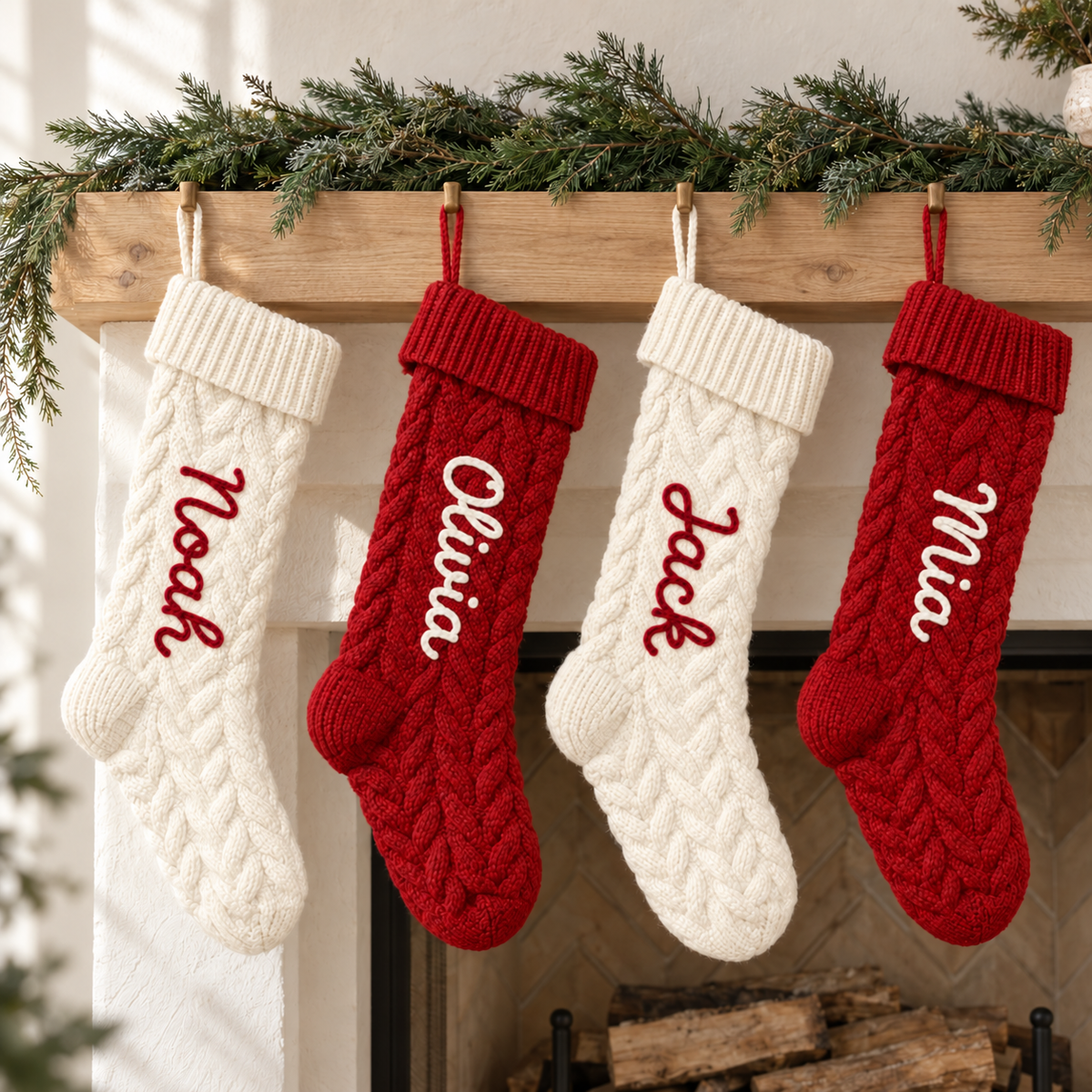 Noah Olivia Jack and Mia personalised red and ivory Christmas stockings hanging from an oak mantel